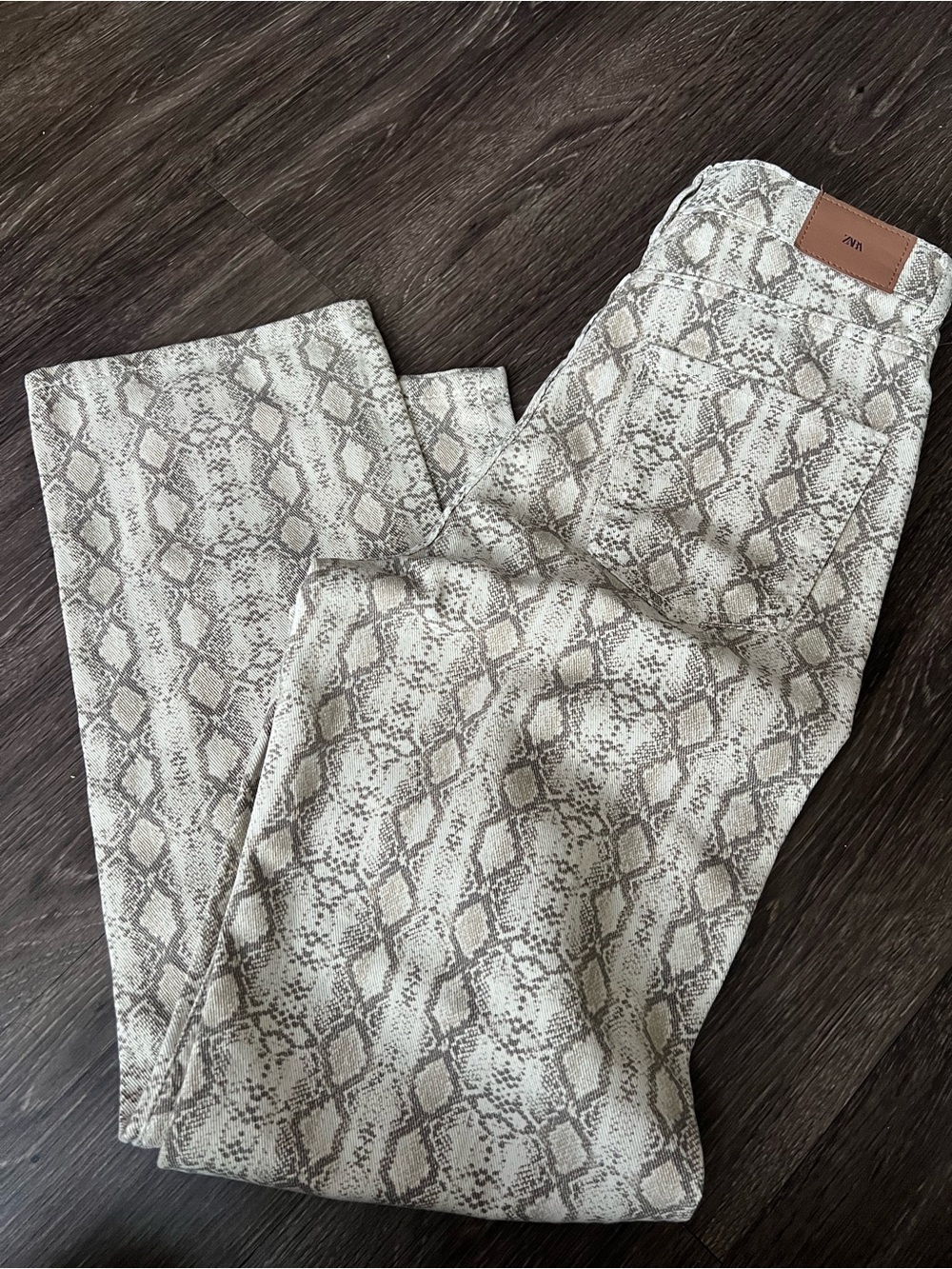 Snake Print Straight Leg Jeans - Neutral Taupe & Cream